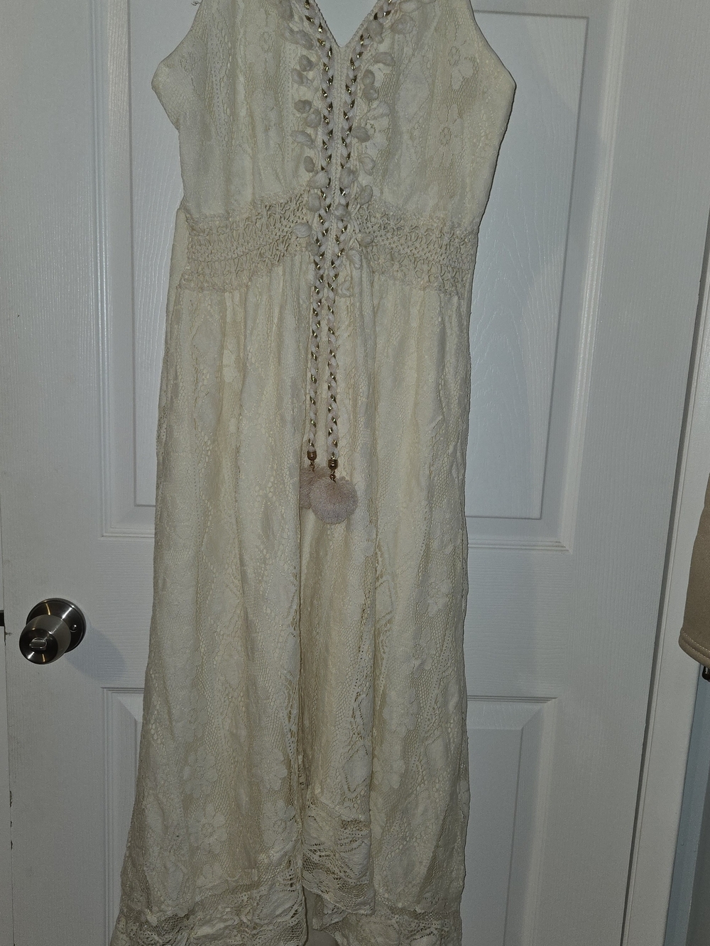 Ivory Lace Maxi Dress with Pom Tassel Tie